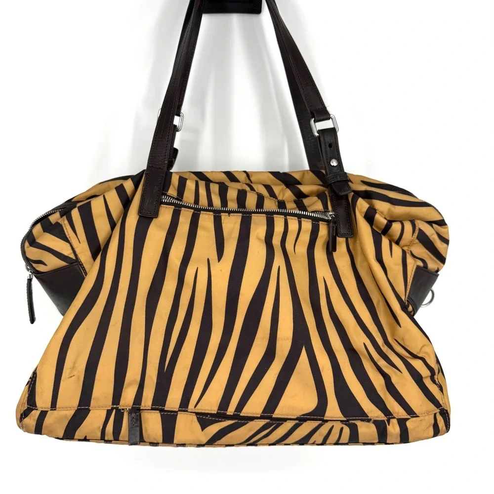 TUMI Tiger Zebra Cortina Boarding Bag Nylon Travel Tote Weekender Leather Trim
